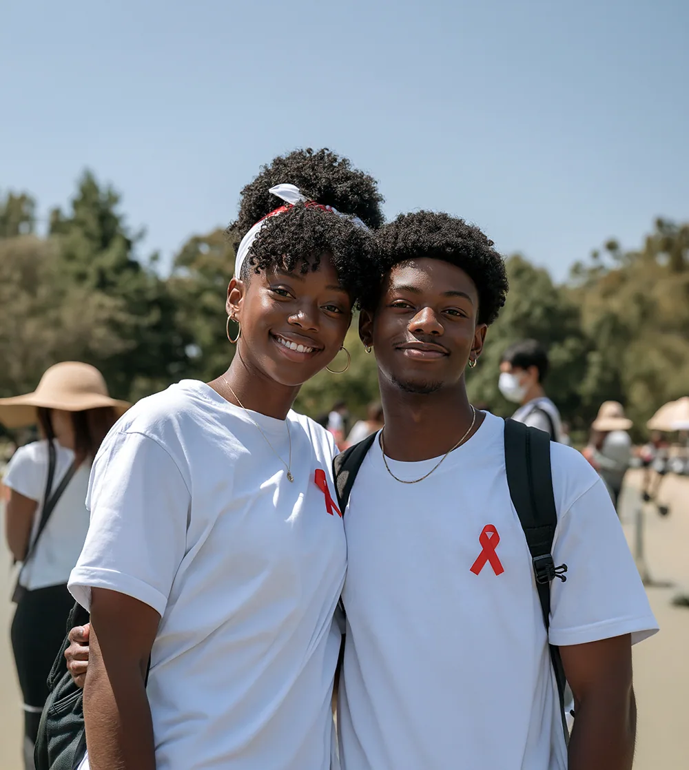 Illustrative image of two smiling people wearing white shirts with red ribbons.